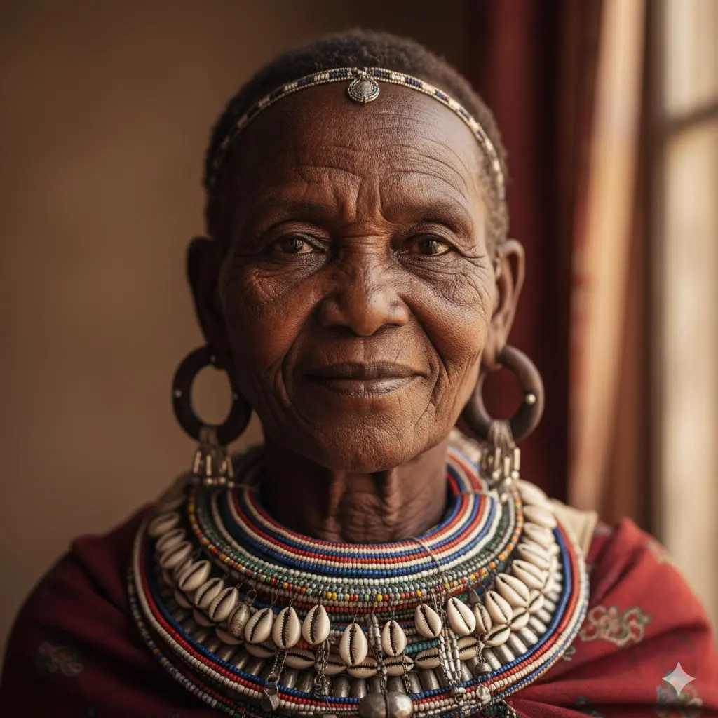 A close-up portrait of an elderly African woman wi