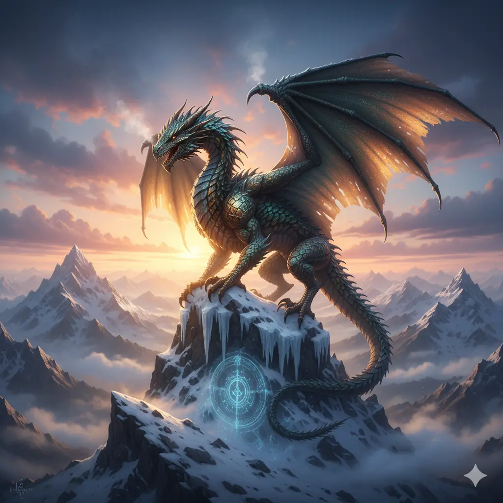A majestic dragon perched on a snowy mountain peak