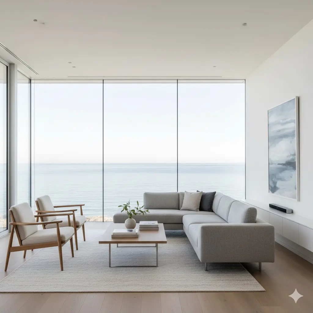 A modern minimalist living room with floor-to-ceil
