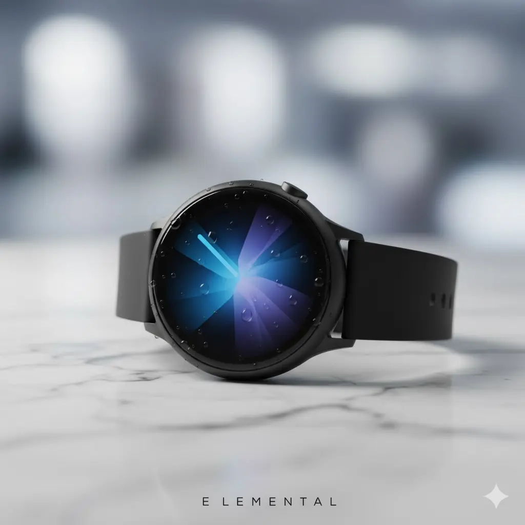 A sleek black smartwatch displayed on a marble sur