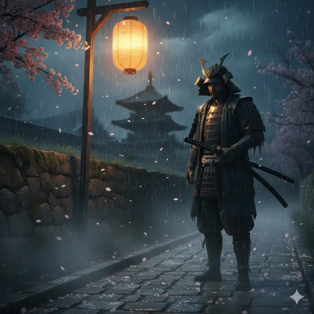 A lone samurai standing under the rain at night, i