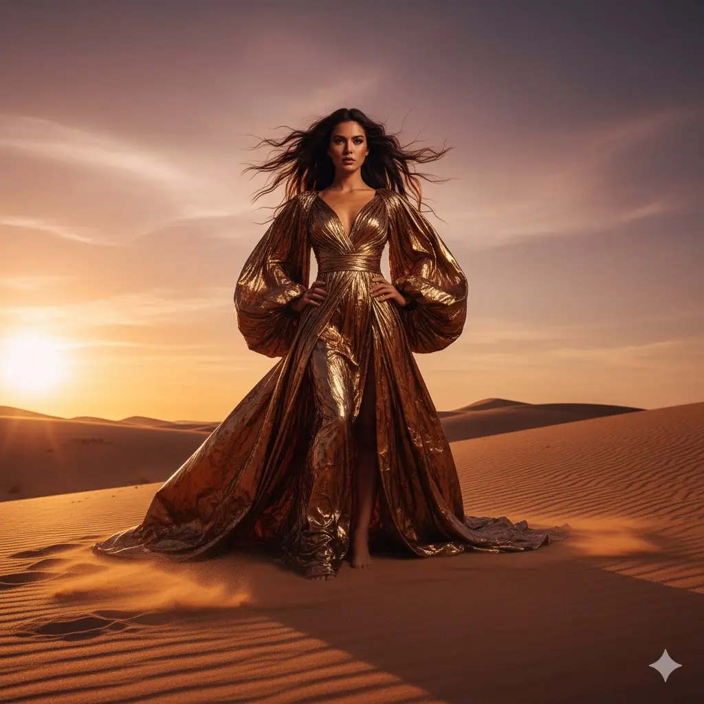 A high-fashion photoshoot of a model in a flowing 